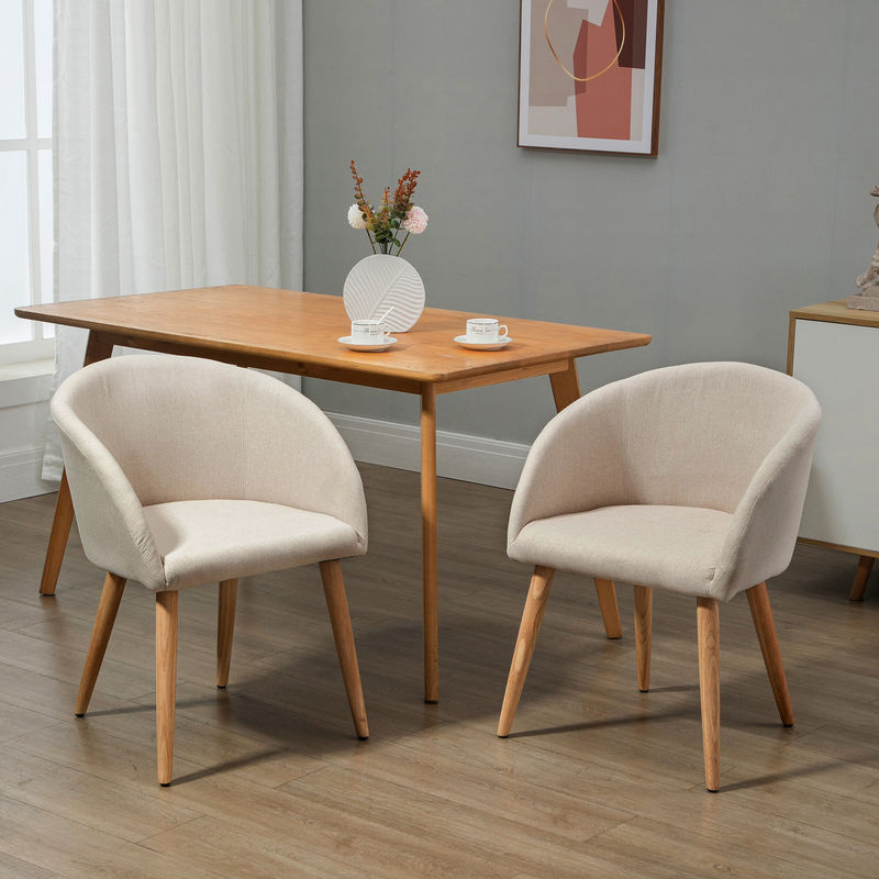 HOMCOM 2er Set Esszimmerstühle mit Armlehnen in Leinen-Optik, moderne Polsterstühle mit Holzbeinen, Beige - Bild 2