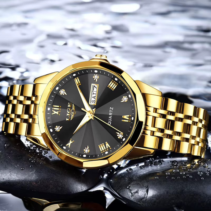 LIGE Armbanduhr Quarz, Edelstahl, Gold, Schwarz, Herren - Bild 2