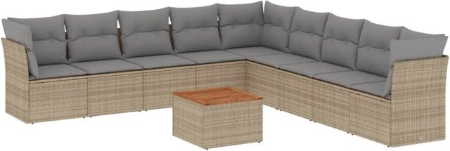 vidaXL 10-tlg. Garten-Sofagarnitur in L-Form aus Polyrattan und Akazienholz mit Kissen in Beige - Bild 1