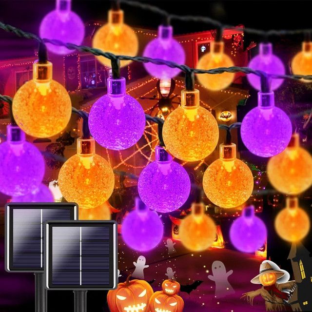 Peach Forest Solar LED Lichterkette Halloween Bubble Ball in Lila und Orange mit 100 LEDs und 8 Modi, 12 m - Bild 1