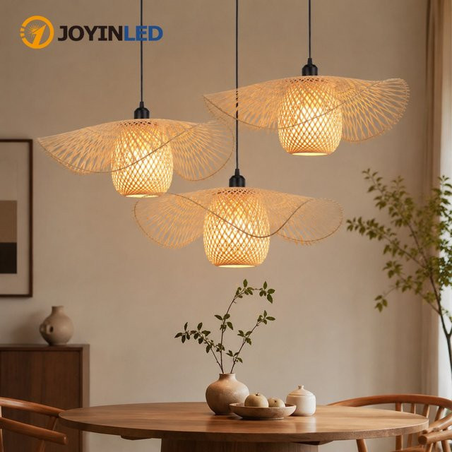 JOYINLED Wabi-Sabi Pendelleuchte aus Bambus und Rattan in Beige, LED Hängelampe für Wohnzimmer, Esszimmer und Schlafzimmer, Durchmesser: 55 cm - Bild 1