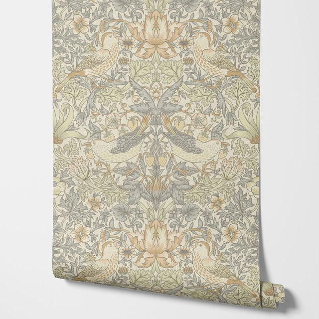 Pixel&Wall Blumentapete Erdbeerdieb mit Vögeln in Beige und Multicolour, selbstklebendes Wandpapier im Art Nouveau Stil - Bild 1