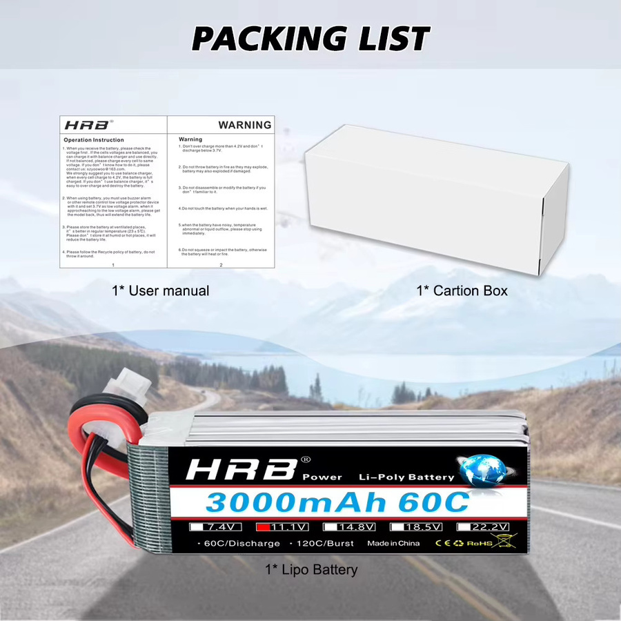 HRB 3S LiPo Batterie 11,1 V 3000mAh 60C mit XT60 Anschluss für RC FPV Flugzeuge, Drohnen, Racing-Boote und Autos - Bild 4