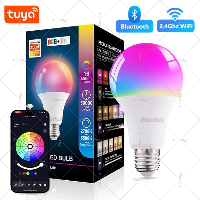 Excellux Tuya Smart LED Glühbirne E27 mit WiFi und Bluetooth, 15W RGB, dimmbar, Multicolor, kompatibel mit Alexa und Smart Life App - Bild 1