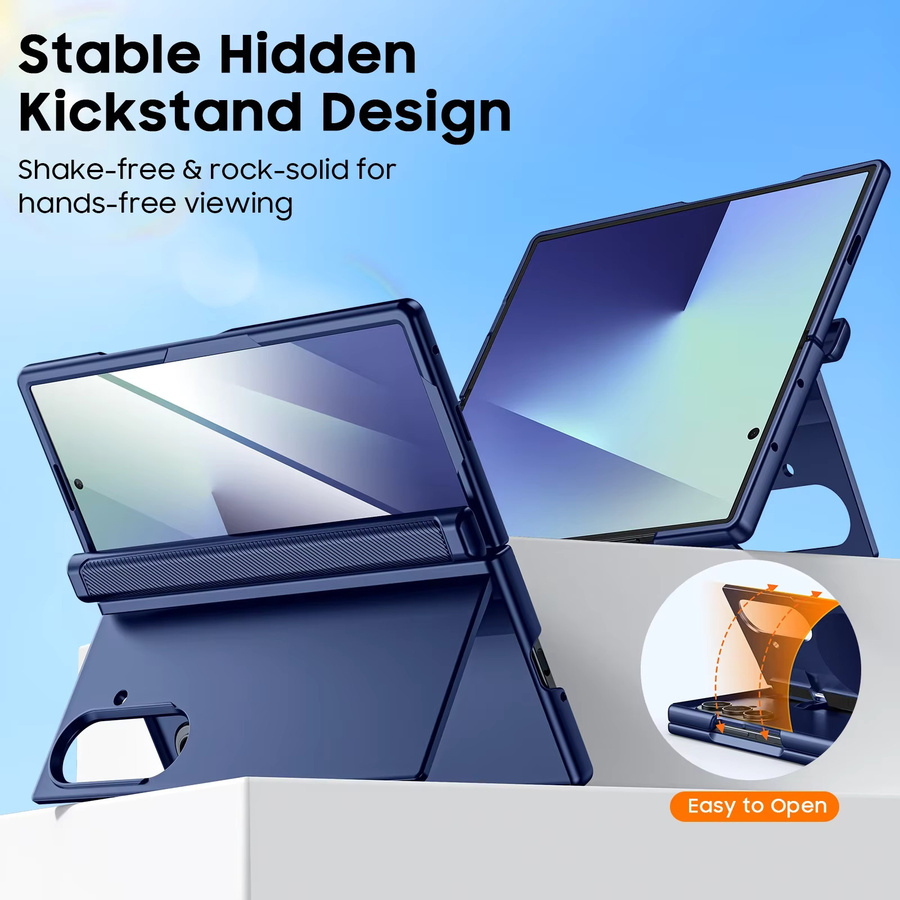 Magnetische Samsung Galaxy Z Fold 7 Handyhülle mit integriertem 9H Glas-Displayschutz, Scharnierschutz und verstecktem Ständer in Blau - Bild 3