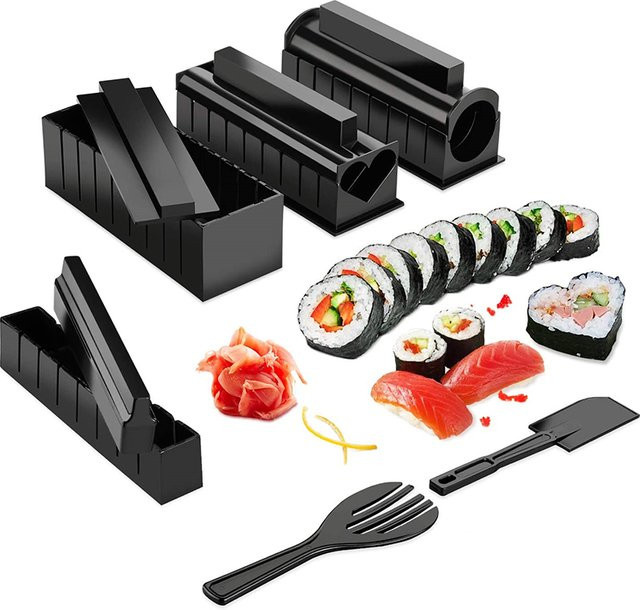 LMETJMA 10-teiliges Sushi-Maker-Set aus Kunststoff in Schwarz zur Herstellung von Sushi-Reisbrötchen, rechteckige Formpresse KC0473 - Bild 1