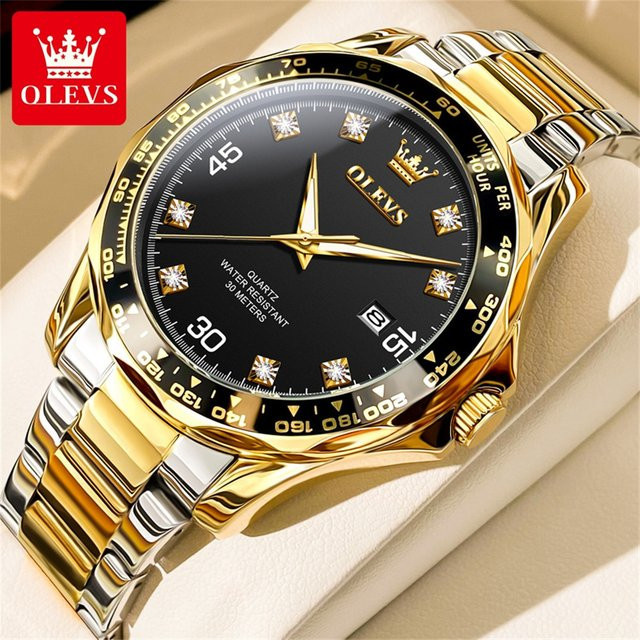 OLEVS Armbanduhr Edelstahl, Quarz, Gold, Schwarz, Herren - Bild 1