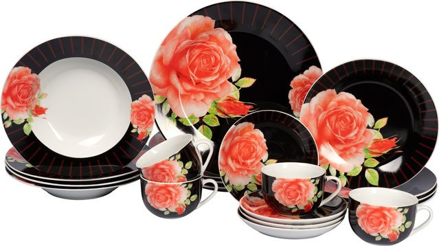 Genialo Porzellan-Service 20-teilig mit floralem Design in Schwarz, Pink und Rot - Bild 1