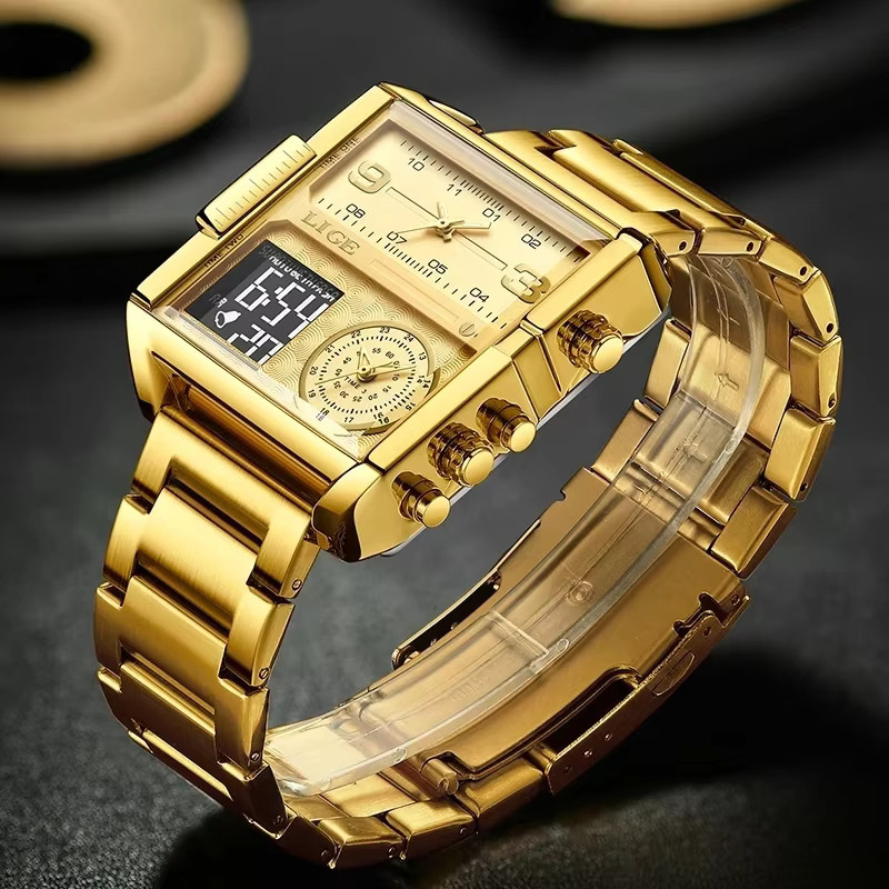 LIGE Armbanduhr, Quarz, Gold, Edelstahl, Eckig, Herren - Bild 2