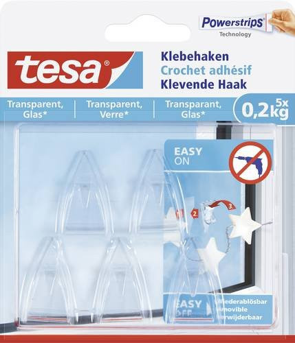 tesa Klebehaken Small Transparent für Glas und transparente Oberflächen bis 200 g, 5 Stück - Bild 1