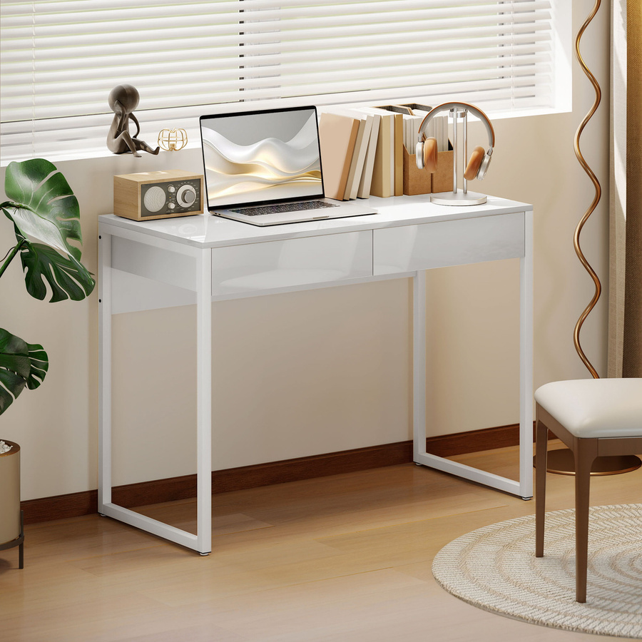 HOMCOM Schreibtisch mit 2 Schubladen und Stahlrahmen in Weiß, B: 100 cm, T: 50 cm - Bild 2
