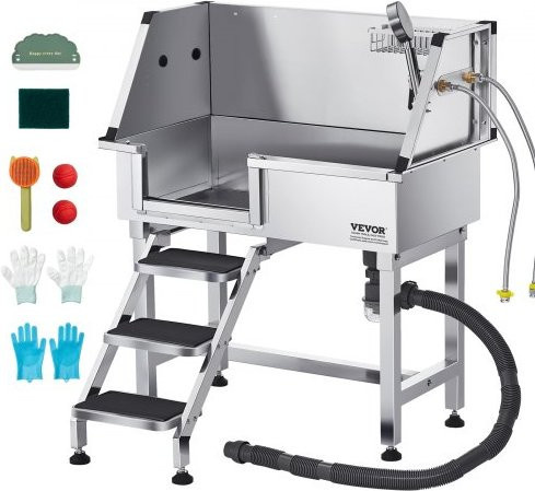 VEVOR Hundewaschstation aus Edelstahl in Silber mit Ablagetreppe, Wasserhahn, Duschkopf und Seifenhalter für kleine und mittelgroße Haustiere, linke Tür, B/T/H: 87,0 x 48,8 x 102,5 cm - Bild 1