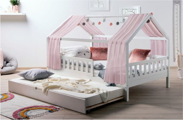 TiCAA Kinderbett Hausbett Kim aus Kiefer Massivholz mit Tüll, Weiß, Montessori Bett inkl. Rolllattenrost, Zusatzbett und Rausfallschutz - Bild 1