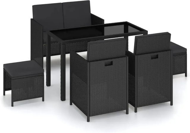 vidaXL 6-teilige Garten-Essgruppe aus Poly Rattan in Schwarz mit Tisch, Bank, Stühlen und wetterfesten Auflagen - Bild 1