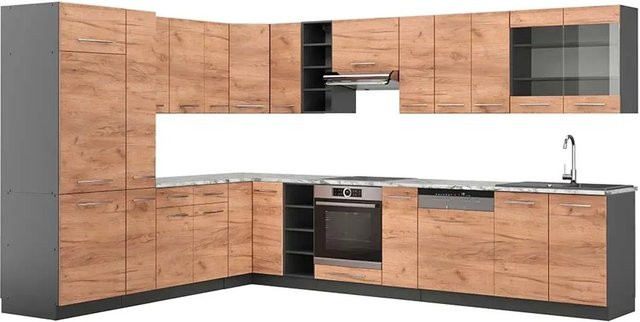Vicco Fame-Line Eckküche Goldkraft in Eiche und Anthrazit mit Marmor-Optik, B: 347 cm, T: 257 cm - Bild 1