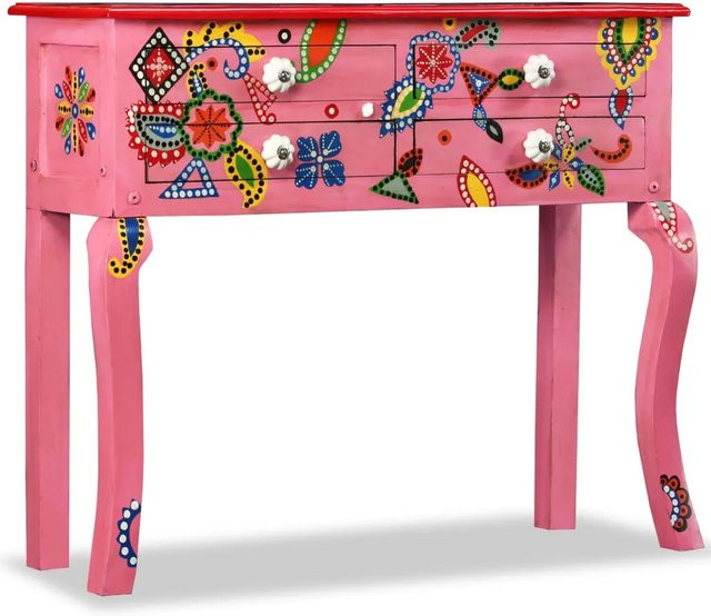 vidaXL Konsolentisch aus Massivholz Mango in Pink und Multicolour, handbemalt im Vintage-Stil, B/T/H: 76 x 30 x 30 cm - Bild 1