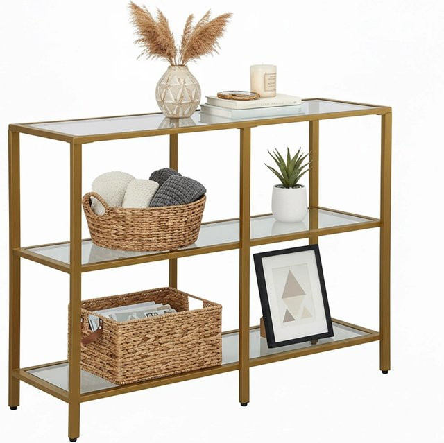 Relaxdays Konsolentisch modern aus Glas und Metall in Gold mit 3 Ablagen, B/T/H: 100 x 30 x 73 cm - Bild 1