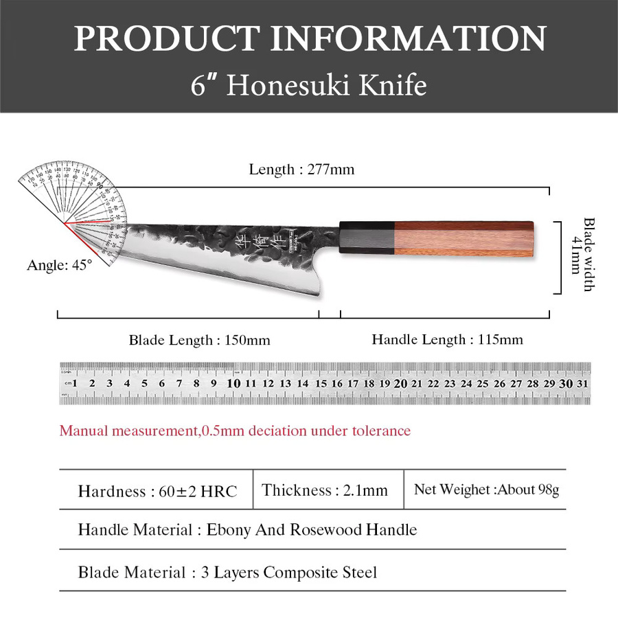 HUAYIGRAND Honesuki-Messer aus 3-lagigem Verbundstahl, handgeschmiedetes japanisches Boning-Knife, 15,24 cm - Bild 5