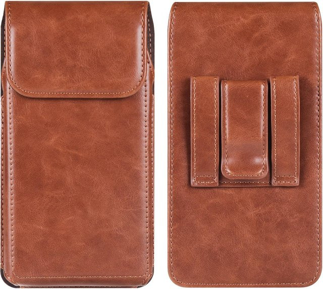 eForMobile Gürtelclip-Handyhülle aus Kuhleder für iPhone 16 15 Pro, Samsung Galaxy S24 S23 S22 Plus, Xiaomi Redmi Note 13 12, Oppo, Holstertasche M (6.7 Inch), braun - Bild 1