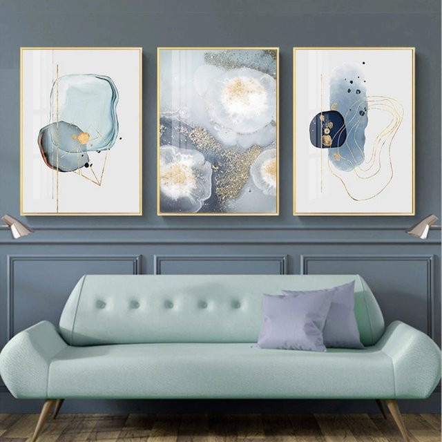 TPFLiving Luxus Poster Leinwand Set mit abstrakten Formen in Weiß, Blau, Gelb, Gold und Grau, Breite: 42 cm, Höhe: 60 cm - Bild 1