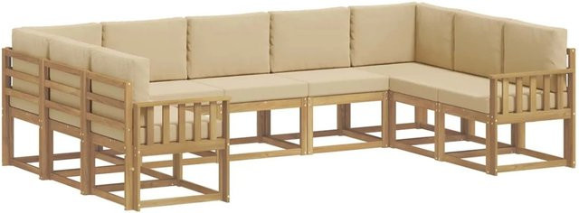 vidaXL Outdoor-Sofagarnitur aus Akazienholz in L-Form mit Kissen, 9-teilig, Weiß und Beige - Bild 1