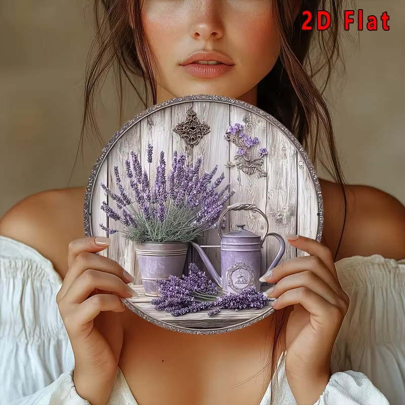 Potdemiel Rundes Aluminium-Wandkunstschild im Vintage-Stil mit Lavendel-Blumenmotiv, Farbe: Lila, Durchmesser: 20 cm - Bild 4