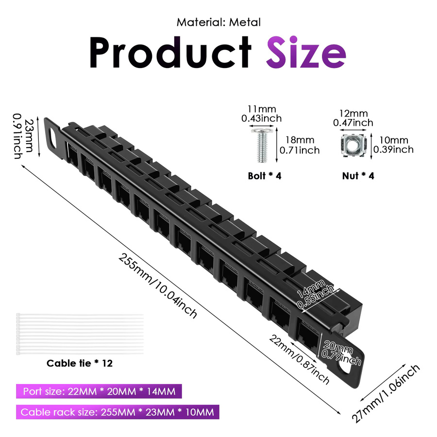 DeskPi 12-Port CAT6 Netzwerk-Patchpanel 10 Zoll, 0,5U, Schwarz, für RackMate T1/T0/T2/T1 Plus/T0 Plus und 10 Zoll Server Racks - Bild 2