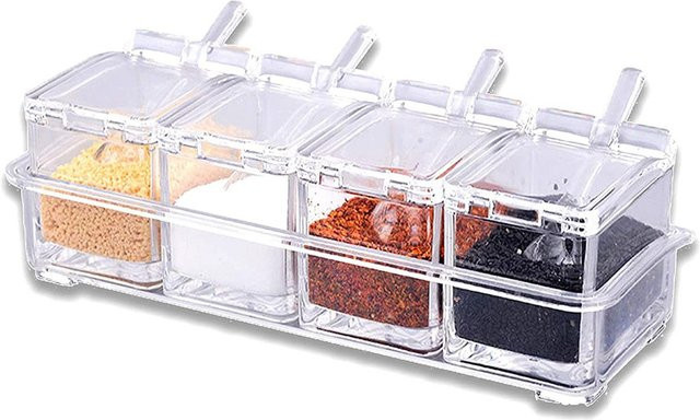 Yiran Furniture Gewürzbox Set aus 4 transparenten Kristall-Gewürzaufbewahrungsbehältern mit Löffeln und Ständer in Weiß - Bild 1