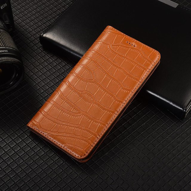 Echte Leder Klapphülle im Krokodilbauch-Design für Samsung Galaxy S21 S22 S23 S24 S25 S26 FE Plus Ultra Edge mit Kartenfächern in Braun - Bild 1