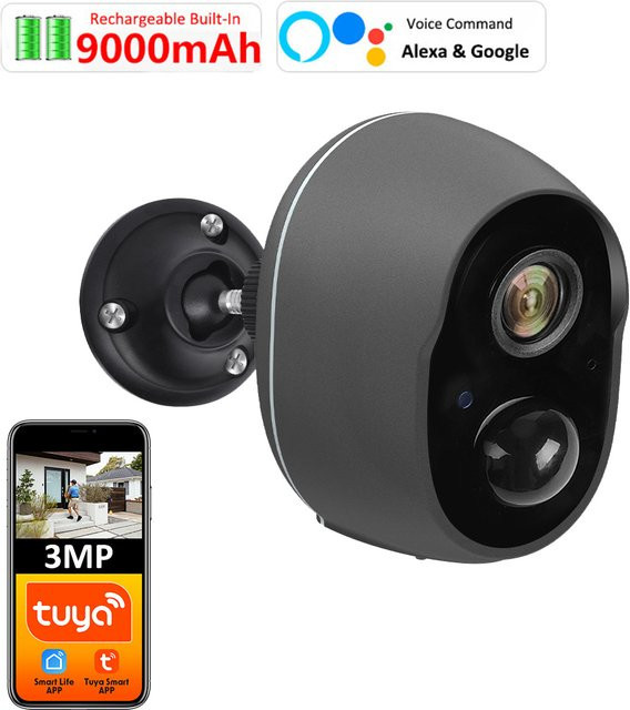 REHENTINT 3MP Outdoor WIFI Überwachungskamera mit PIR Bewegungserkennung und Sirene, IP65 wetterfest, batteriebetrieben mit 9000 mAh, kompatibel mit Tuya Smart, Leben APP, Alexa und Google Home - Bild 1