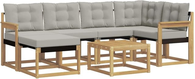 vidaXL Outdoor-Sofagarnitur 7-teilig in L-Form aus Akazienholz mit Textilene-Bezug und Kissen in Weiß-Hellgrau - Bild 1