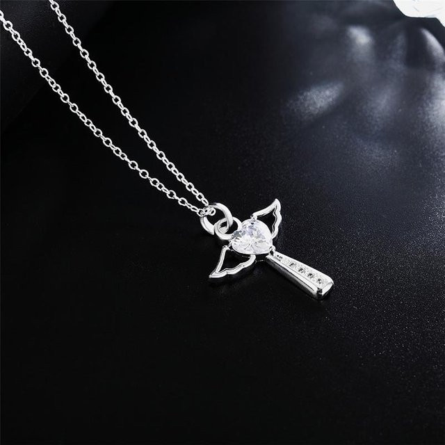 Halskette 925 Silber, Engelsflügel Kreuz Anhänger, Zirkonia, Damen - Bild 1