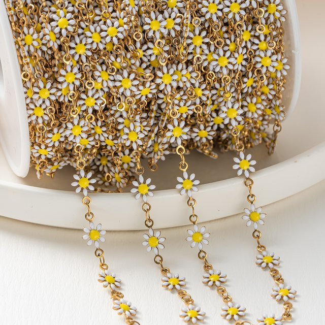 Gliederkette Gänseblümchen, vergoldete Edelstahlkette, Emaille, 1 Meter - Bild 1