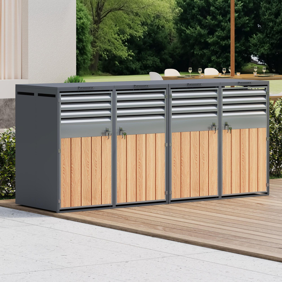 GL Store Mülltonnenbox mit hydraulischem Klappdeckel und 4-türigem Aufbewahrungsmodul aus verzinktem Stahl, Grau-Braun, B/T/H: 264 x 80 x 118,5 cm - Bild 2