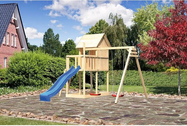 Karibu Kinderspielhaus Frieda Set mit Anbau und Rutsche in Blau und Natur sowie Spielturm in Braun - Bild 1