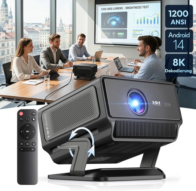 XGODY Gimbal A8 Business-Projektor mit 1200 ANSI, Android 14, KI-Autofokus und 4K/8K Unterstützung, Native 1080p Full HD Auflösung, Schwarz - Bild 1