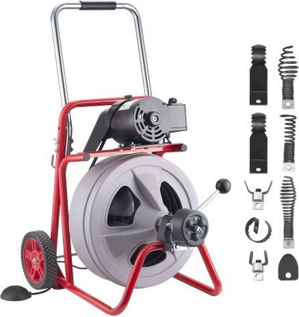 VEVOR Rohrreinigungsmaschine mit automatischem Vorschub in Rot, 30 m x 13 mm, inklusive 8 Schneidwerkzeugen und pneumatischem Fußschalter, geeignet für Rohrdurchmesser von 50 bis 150 mm - Bild 1