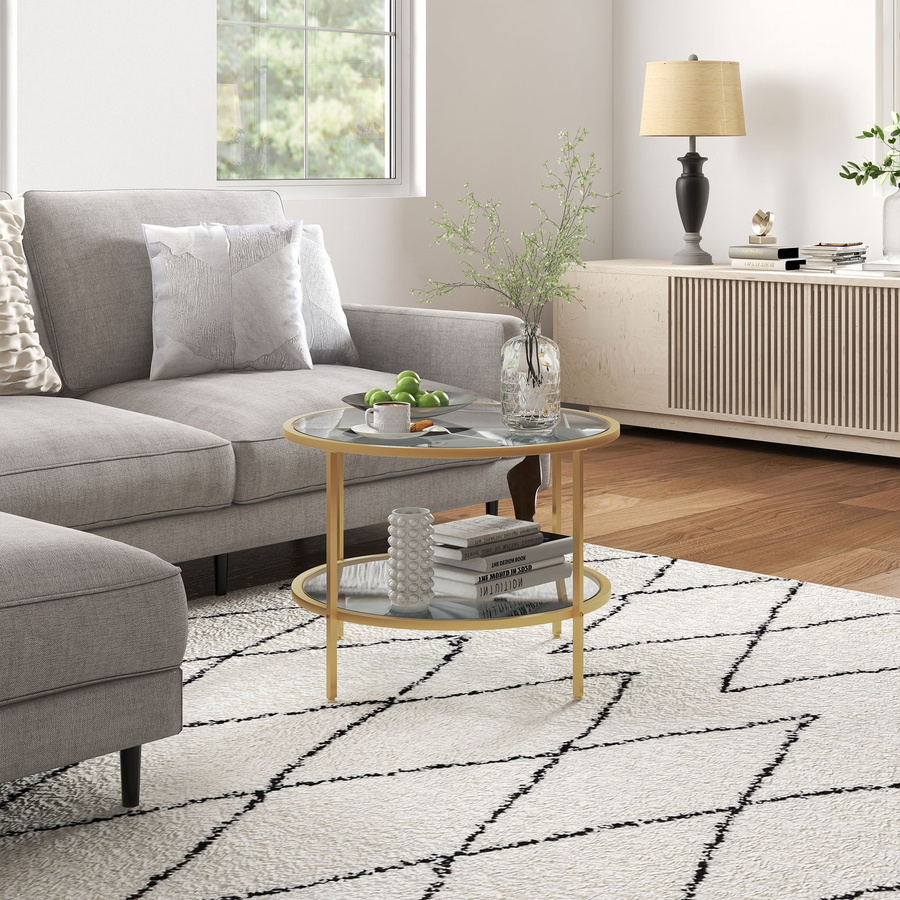 HOMCOM Beistelltisch Rund mit Ablage und Stahlrahmen in Gold, moderner Couchtisch mit gehärtetem Glas für Wohnzimmer und Schlafzimmer, Durchmesser: 60 cm, Höhe: 43 cm - Bild 2