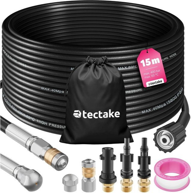 tectake Rohrreinigungsschlauch-Set 8-teilig in Schwarz mit Edelstahl-Düsen und Adaptern - Bild 1