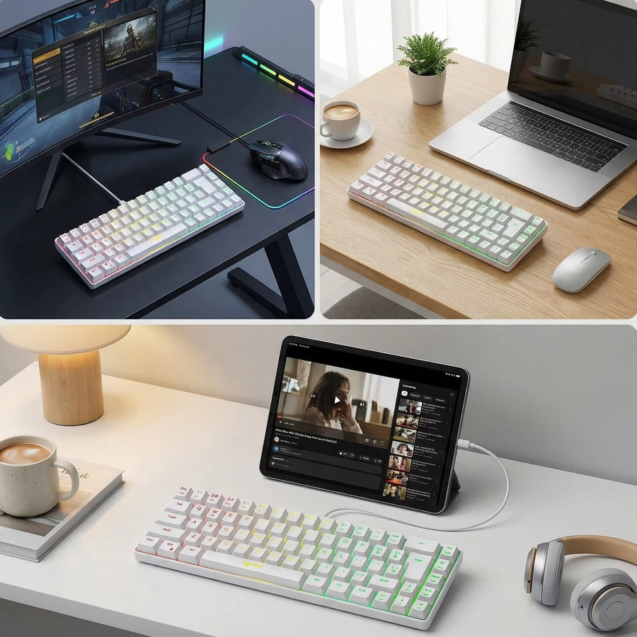 HXSJ Gaming-Membrantastatur in Weiß, ultra-kompakte 65% RGB-Hintergrundbeleuchtung, ergonomische 68-Tasten kabelgebundene Tastatur mit USB-Anschluss - Bild 3