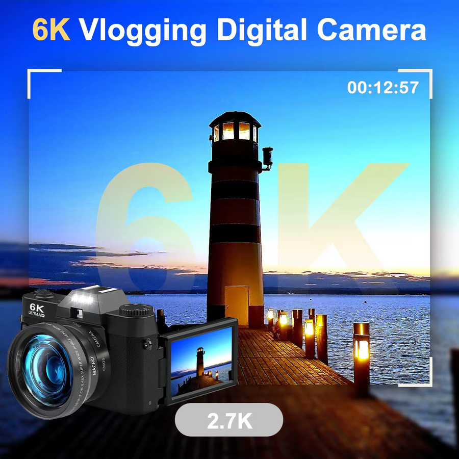 Ourlife 6K Kompakte Digitalkamera mit 64MP, 16X Digitalzoom, 3 Zoll 180° Flip-Screen und WLAN in Schwarz - Bild 4