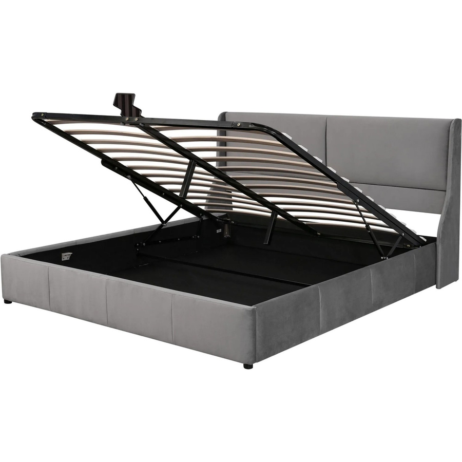 okwish Doppelbett mit hydraulischem Lift-up-Boden, gepolstertes Funktionsbett aus Samt in Grau, B/T/H: 160 x 200 x 100,5 cm - Bild 2