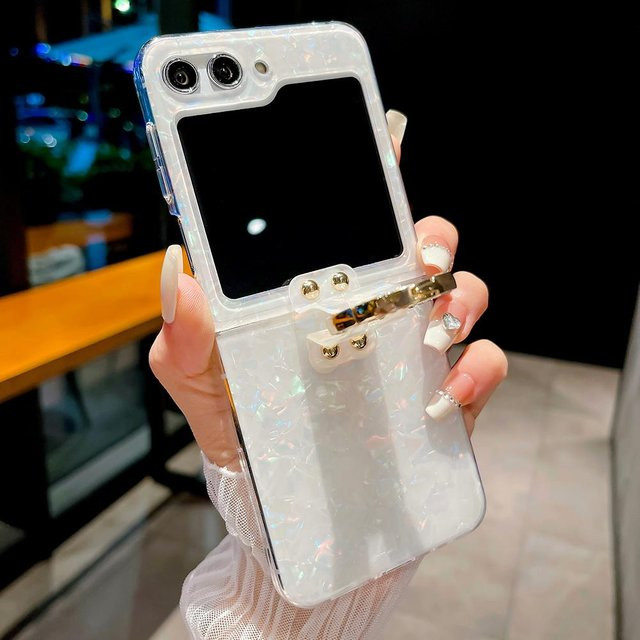 Glitzernde Handyhülle mit Muschelmuster und Ringhalter für Samsung Galaxy Z Flip 6, Z Flip 5 und Z Flip 4 in Weiß und Bunt - Bild 1