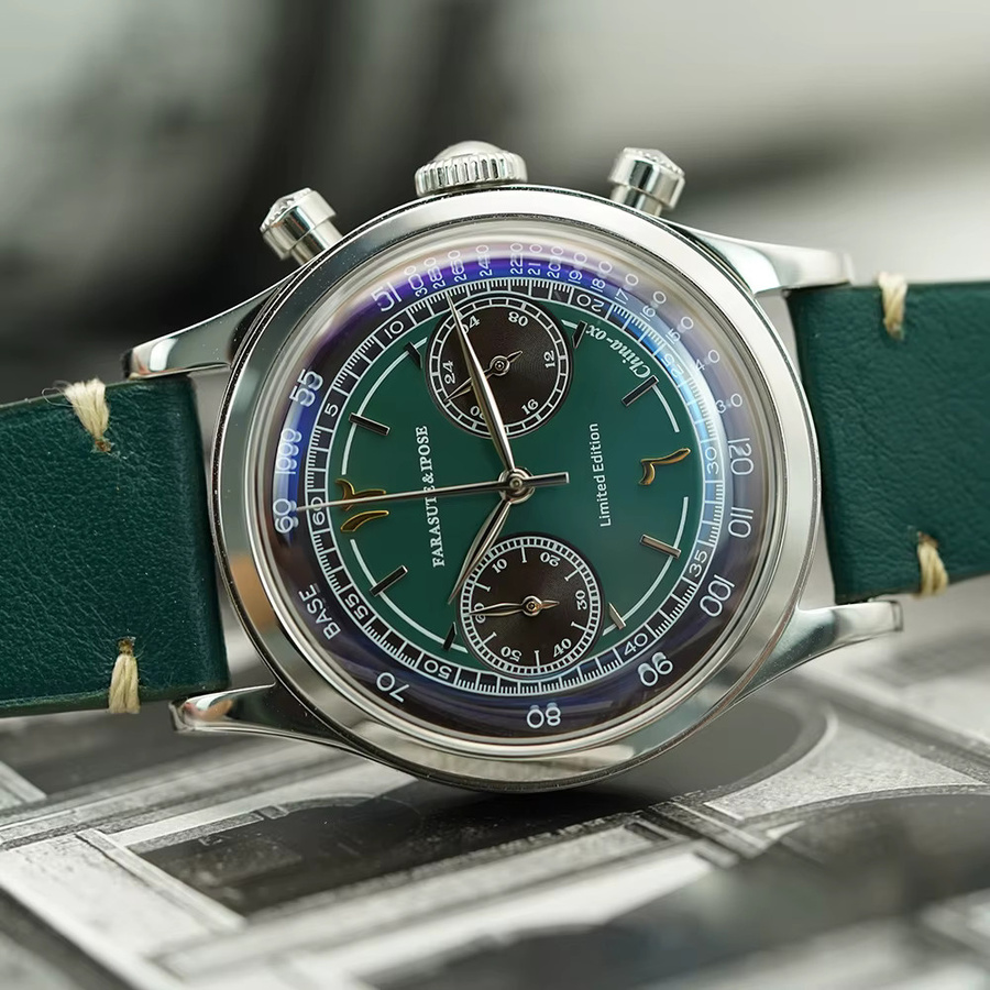 FARASUTE Chronograph Armbanduhr, Quarz, Saphirglas, Grün, Leder, Herren - Bild 5