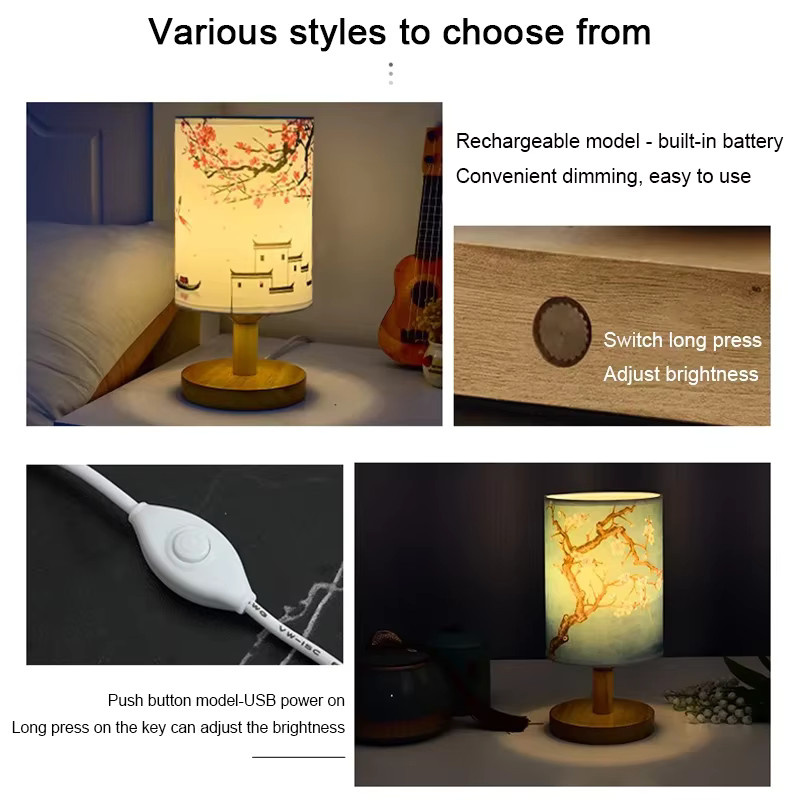 Dimmbare LED Tischlampe im orientalischen Design mit quadratischem Stofflampenschirm und Holzfuß in Weiß - Bild 3
