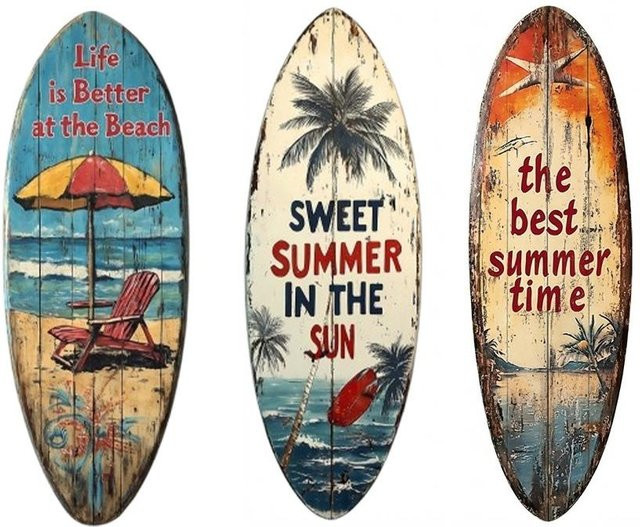 AikeA Bunter Surfbrett Wandbehang im maritimen Design aus Holz, Mehrfarbig - Bild 1