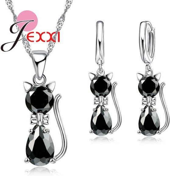 Schmuck-Set 925 Silber, Katze, Kristall, Schwarz, Damen - Bild 1