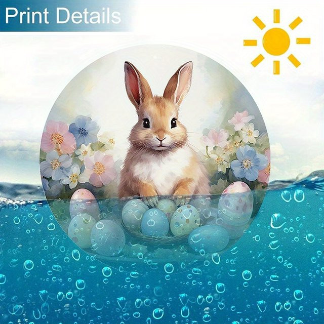 CIFBUY Rundes Metallschild Vintage Osterhase mit Blumen und Eiern als Frühlings-Wanddekoration in Mehrfarbig - Bild 1