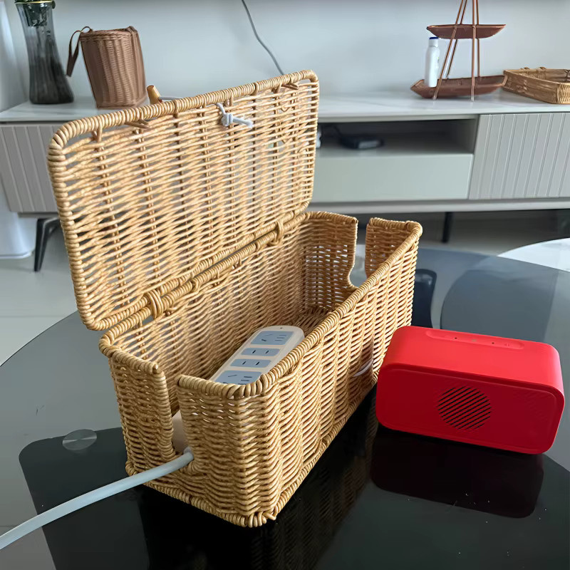 Desktop-Kabelmanagementbox aus Metall mit Rattan-Design in Beige zur Organisation von Steckdosenleisten und Datenkabeln - Bild 2
