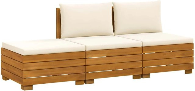 vidaXL Outdoor-Sofagarnitur aus Akazie Massivholz in Braun mit Kissen, 3-teiliges Set mit 2 Mittelsofas und 1 Fußhocker - Bild 1